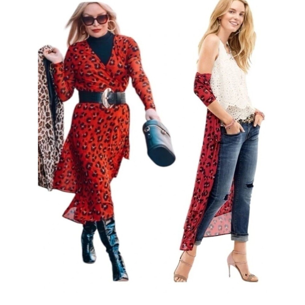 CABI Siren Red Leopard Print Wrap Dress Medium Long Sleeve